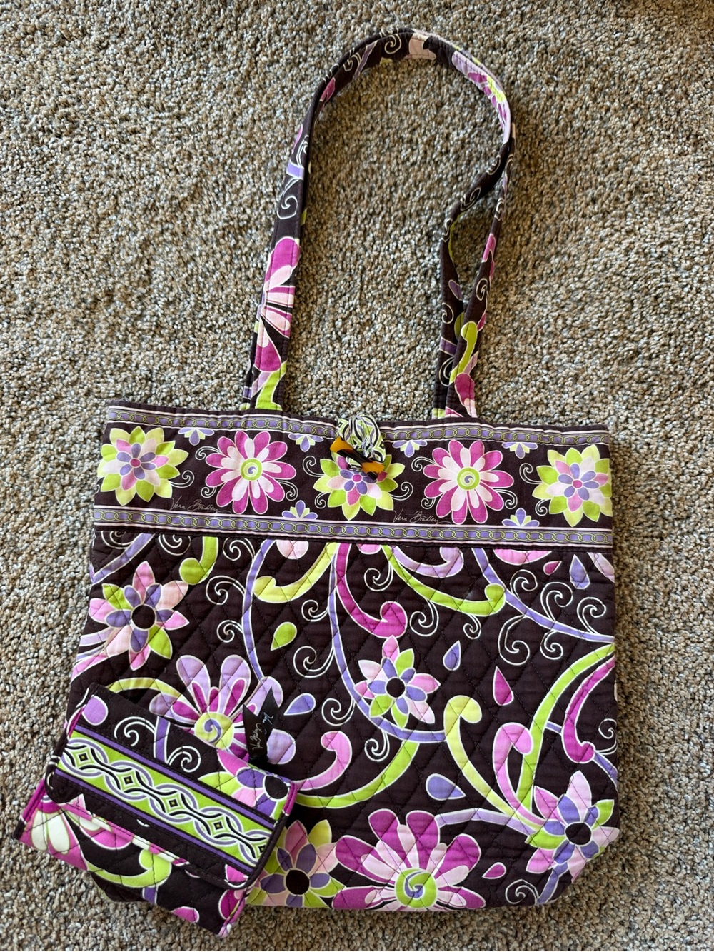 VERA BRADLEY Purple Punch Floral Shoulder Tote Bag Quilted Toggle with Wallet